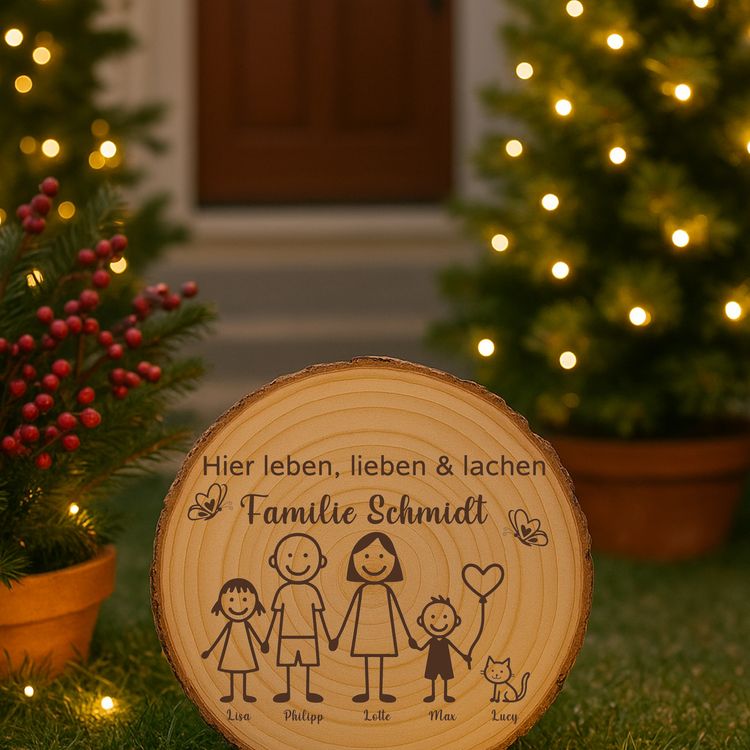 Baumscheibe 30 cm Familie Willkommensschild personalisiert mit Kindern & Katze Personalisierte Holzscheibe als Deko-Element in einem modernen Wohnraum neben einer Backsteinwand und einer Zimmerpflanze.