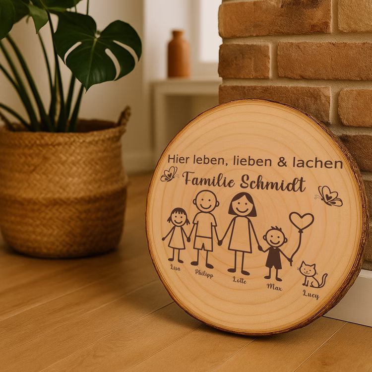 Baumscheibe 30 cm Familie Willkommensschild personalisiert mit Kindern & Katze Zuhause Deko & Geschenk Eingangsbereich Geschenk für Familie und Freunde Einzug Herzlich Willkommen Holzscheibe personalisiert Personalisierte Holzscheibe als Deko-Element in einem modernen Wohnraum neben einer Backsteinwand und einer Zimmerpflanze.