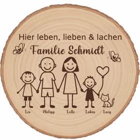 Baumscheibe 30 cm Familie Willkommensschild personalisiert mit zwei Jungen & Katze Zuhause Deko & Geschenk Eingangsbereich Geschenk für Familie und Freunde Einzug Herzlich Willkommen Holzscheibe personalisiert Personalisierte Baumscheibe aus Holz mit Gravur ‚Hier leben, lieben & lachen Familie Schmidt‘ sowie den Vornamen Leo, Philipp, Lotte, Lukas und Lucy unter den Familienfiguren inklusive Katze.