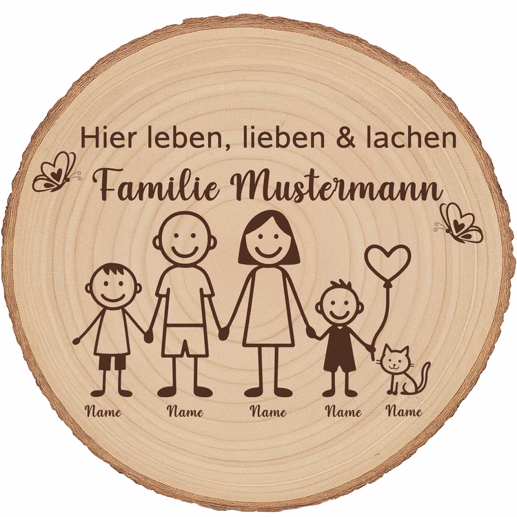 Baumscheibe 30 cm Familie Willkommensschild personalisiert mit zwei Jungen & Katze Zuhause Deko & Geschenk Eingangsbereich Geschenk für Familie und Freunde Einzug Herzlich Willkommen Holzscheibe personalisiert Runde Baumscheibe aus Naturholz mit Rinde, graviertem Schriftzug ‚Hier leben, lieben & lachen‘ und einer stilisierten Familienillustration mit zwei Elternteilen, zwei Jungen, Herzballon und einer Katze. Mit Platzhalter für individuelle Namen.
