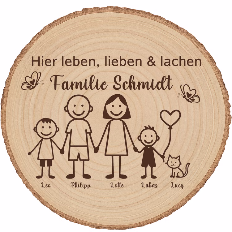 Baumscheibe 30 cm Familie Willkommensschild personalisiert mit zwei Jungen & Katze Zuhause Deko & Geschenk Eingangsbereich Geschenk für Familie und Freunde Einzug Herzlich Willkommen Holzscheibe personalisiert Personalisierte Baumscheibe aus Holz mit Gravur ‚Hier leben, lieben & lachen Familie Schmidt‘ sowie den Vornamen Leo, Philipp, Lotte, Lukas und Lucy unter den Familienfiguren inklusive Katze.