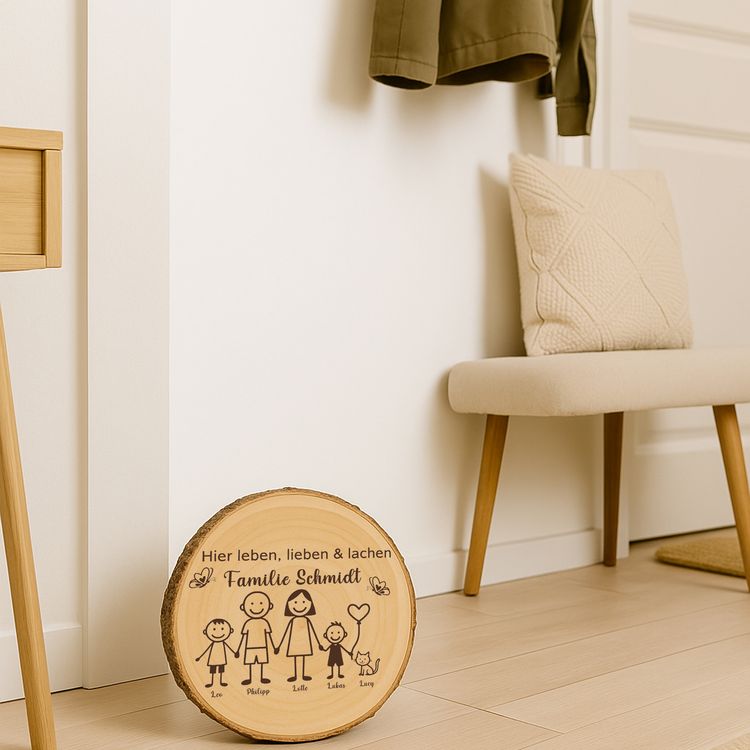Baumscheibe 30 cm Familie Willkommensschild personalisiert mit Jungen & Katze Personalisierte Holzscheibe mit Familienmotiv lehnt an einer Backsteinwand neben einer grünen Zimmerpflanze in einem natürlichen Wohnraumambiente.