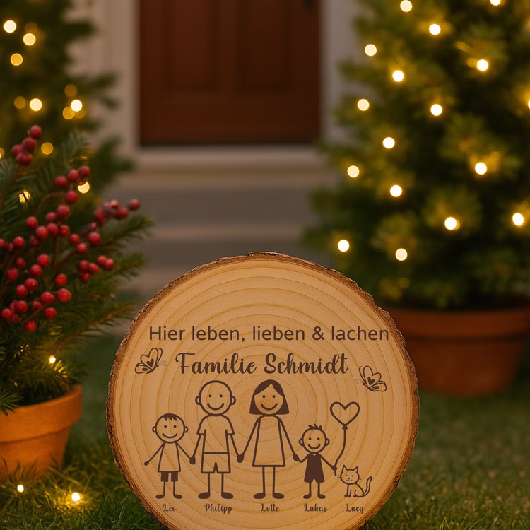 Baumscheibe 30 cm Familie Willkommensschild personalisiert mit zwei Jungen & Katze Zuhause Deko & Geschenk Eingangsbereich Geschenk für Familie und Freunde Einzug Herzlich Willkommen Holzscheibe personalisiert Gravierte Baumscheibe steht in einem stimmungsvoll beleuchteten Garten mit Pflanzen, roten Beeren und warmen Lichtakzenten im Hintergrund.