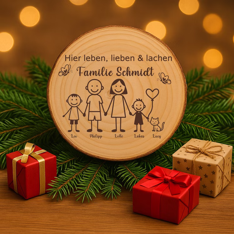 Baumscheibe 30 cm Familie Willkommensschild personalisiert mit zwei Jungen & Katze Zuhause Deko & Geschenk Eingangsbereich Geschenk für Familie und Freunde Einzug Herzlich Willkommen Holzscheibe personalisiert Baumscheibe mit graviertem Familienmotiv liegt auf Tannenzweigen auf einem Holztisch, dekoriert mit roten und braunen Geschenkboxen vor warmer Lichterkulisse