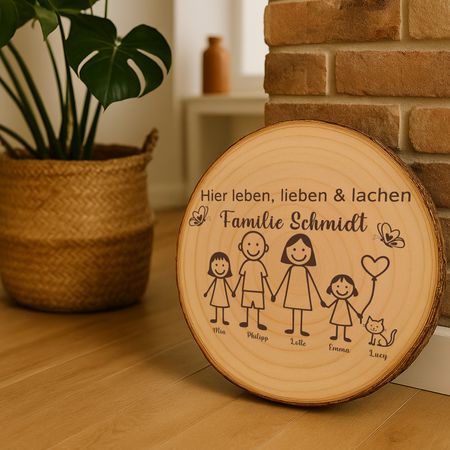 Baumscheibe 30 cm Familie Willkommensschild personalisiert mit Mädchen & Katze
