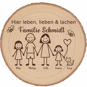 Baumscheibe 30 cm Familie Willkommensschild personalisiert mit Mädchen & Katze Zuhause Deko & Geschenk Eingangsbereich Geschenk für Familie und Freunde Einzug Herzlich Willkommen Holzscheibe personalisiert Die personalisierte Baumscheibe zeigt die Gravur „Hier leben, lieben & lachen – Familie Schmidt“ sowie eine Familienillustration mit zwei Mädchen und Katze, sauber auf hellem Naturholz graviert.