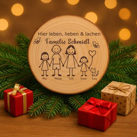 Baumscheibe 30 cm Familie Willkommensschild personalisiert mit Mädchen & Katze Zuhause Deko & Geschenk Eingangsbereich Geschenk für Familie und Freunde Einzug Herzlich Willkommen Holzscheibe personalisiert Baumscheibe mit graviertem Familienmotiv liegt auf Tannenzweigen auf einem Holztisch, dekoriert mit roten und braunen Geschenkboxen vor warmer Lichterkulisse