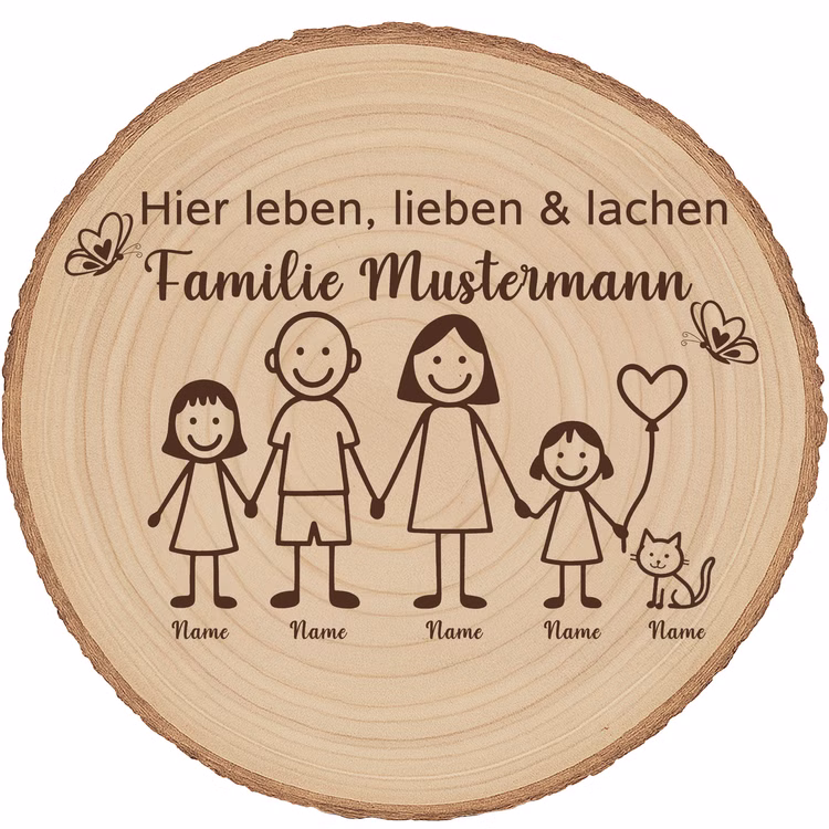 Baumscheibe 30 cm Familie Willkommensschild personalisiert mit Mädchen & Katze Zuhause Deko & Geschenk Eingangsbereich Geschenk für Familie und Freunde Einzug Herzlich Willkommen Holzscheibe personalisiert Abgebildet ist eine runde Baumscheibe aus Paulownia-Holz mit dem gravierten Schriftzug „Hier leben, lieben & lachen – Familie Mustermann“ und einer Illustration aus Eltern, zwei Mädchen und einer kleinen Katze.