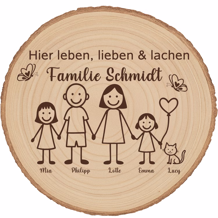 Baumscheibe 30 cm Familie Willkommensschild personalisiert mit Mädchen & Katze Zuhause Deko & Geschenk Eingangsbereich Geschenk für Familie und Freunde Einzug Herzlich Willkommen Holzscheibe personalisiert Die personalisierte Baumscheibe zeigt die Gravur „Hier leben, lieben & lachen – Familie Schmidt“ sowie eine Familienillustration mit zwei Mädchen und Katze, sauber auf hellem Naturholz graviert.