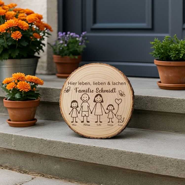 Baumscheibe 30 cm Familie Willkommensschild personalisiert mit Mädchen & Katze Personalisierte Holzscheibe mit Familienmotiv lehnt an einer Backsteinwand neben einer grünen Zimmerpflanze in einem natürlichen Wohnraumambiente.