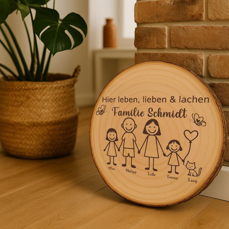 Baumscheibe 30 cm Familie Willkommensschild personalisiert mit Mädchen & Katze Personalisierte Holzscheibe mit Familienmotiv lehnt an einer Backsteinwand neben einer grünen Zimmerpflanze in einem natürlichen Wohnraumambiente.