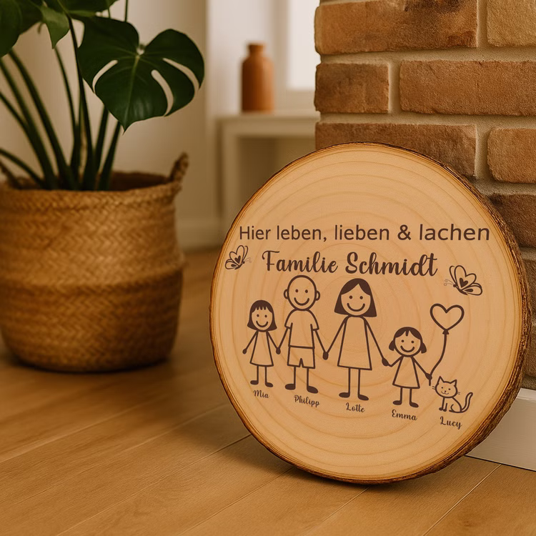Baumscheibe 30 cm Familie Willkommensschild personalisiert mit Mädchen & Katze Zuhause Deko & Geschenk Eingangsbereich Geschenk für Familie und Freunde Einzug Herzlich Willkommen Holzscheibe personalisiert Personalisierte Holzscheibe mit Familienmotiv lehnt an einer Backsteinwand neben einer grünen Zimmerpflanze in einem natürlichen Wohnraumambiente.
