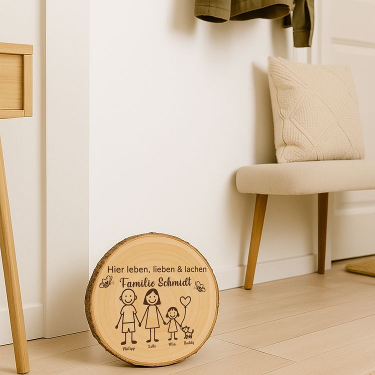 Baumscheibe 30 cm Familie Willkommensschild personalisiert mit 1 Mädchen & Hund