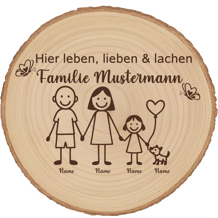 Baumscheibe 30 cm Familie Willkommensschild personalisiert mit 1 Mädchen & Hund