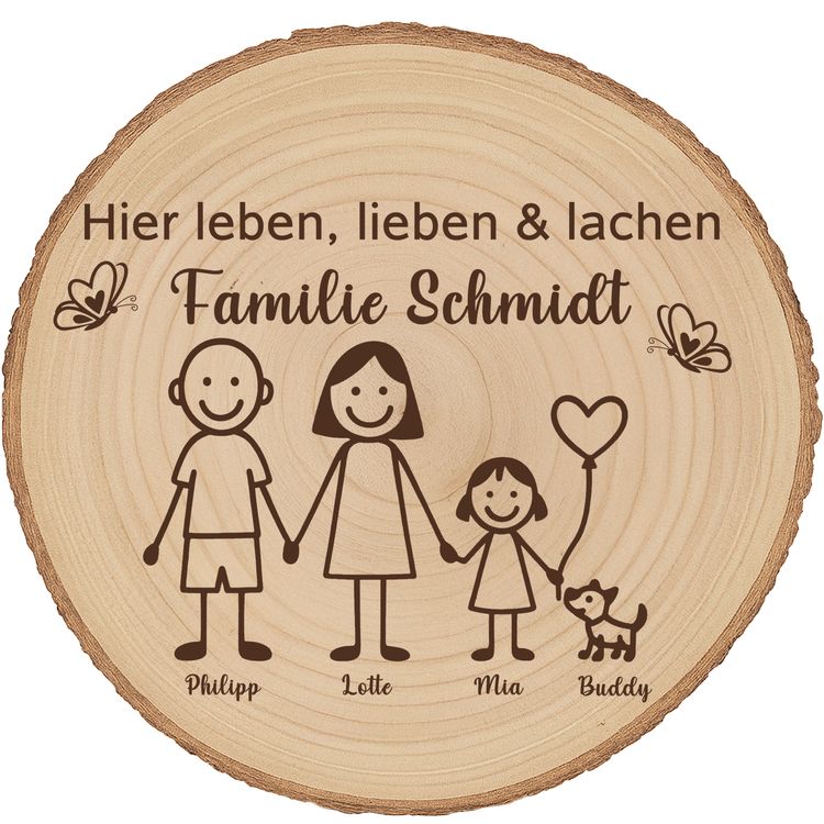Baumscheibe 30 cm Familie Willkommensschild personalisiert mit 1 Mädchen & Hund