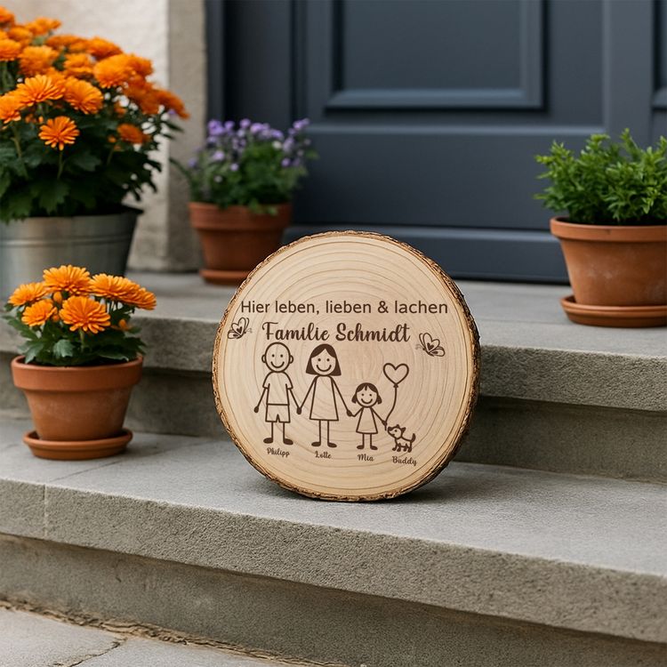 Baumscheibe 30 cm Familie Willkommensschild personalisiert mit 1 Mädchen & Hund