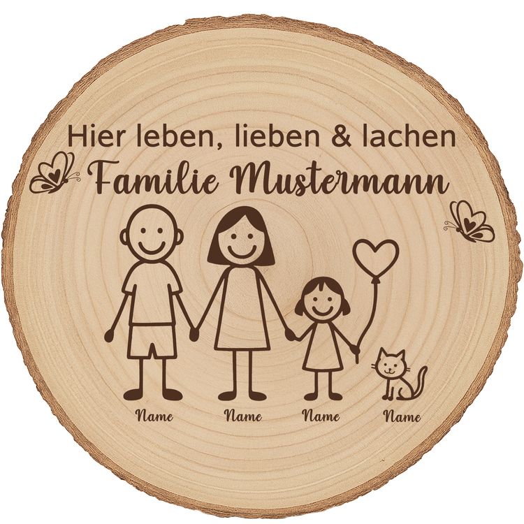 Baumscheibe 30 cm Familie Willkommensschild personalisiert mit 1 Mädchen & Katze