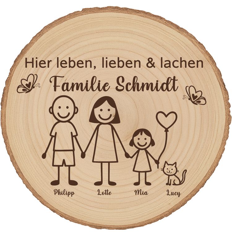 Baumscheibe 30 cm Familie Willkommensschild personalisiert mit 1 Mädchen & Katze