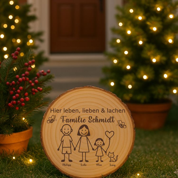 Baumscheibe 30 cm Familie Willkommensschild personalisiert mit 1 Mädchen & Katze