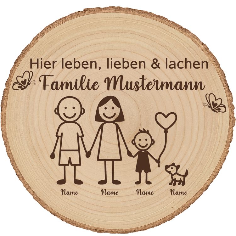 Baumscheibe 30 cm Familie Willkommensschild personalisiert mit 1 Jungen & Hund