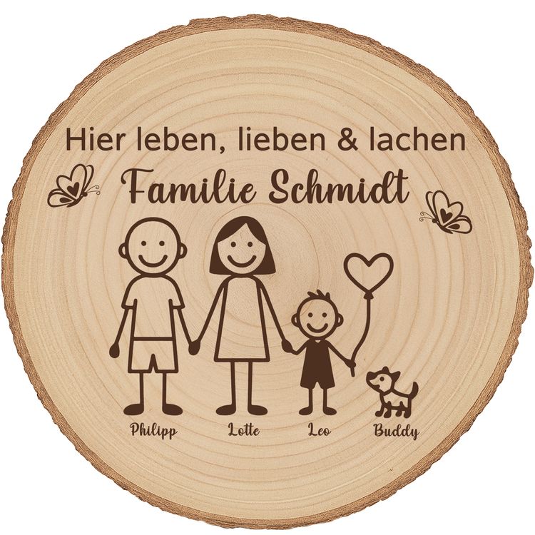 Baumscheibe 30 cm Familie Willkommensschild personalisiert mit 1 Jungen & Hund