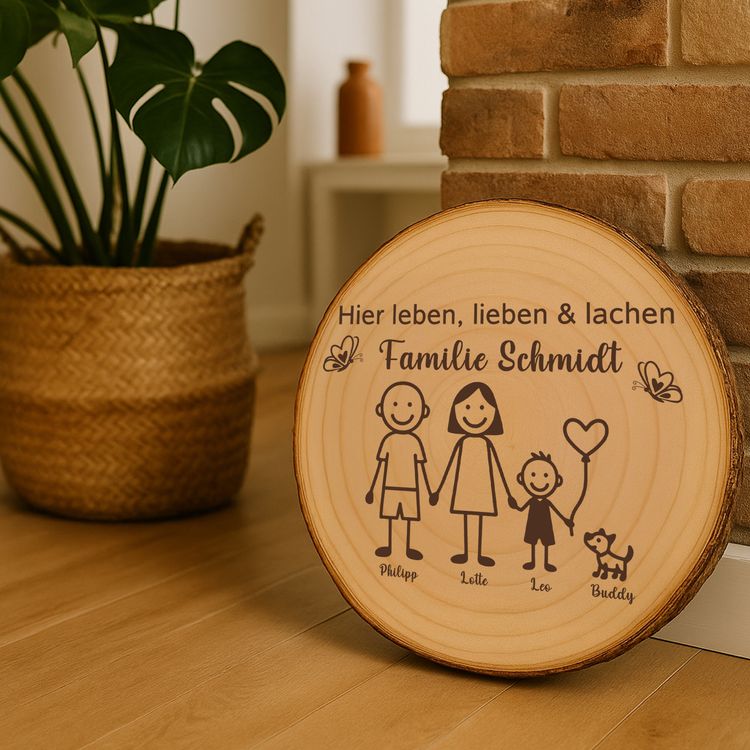 Baumscheibe 30 cm Familie Willkommensschild personalisiert mit 1 Jungen & Hund