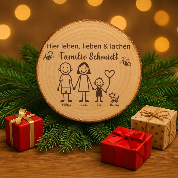 Baumscheibe 30 cm Familie Willkommensschild personalisiert mit 1 Jungen & Hund