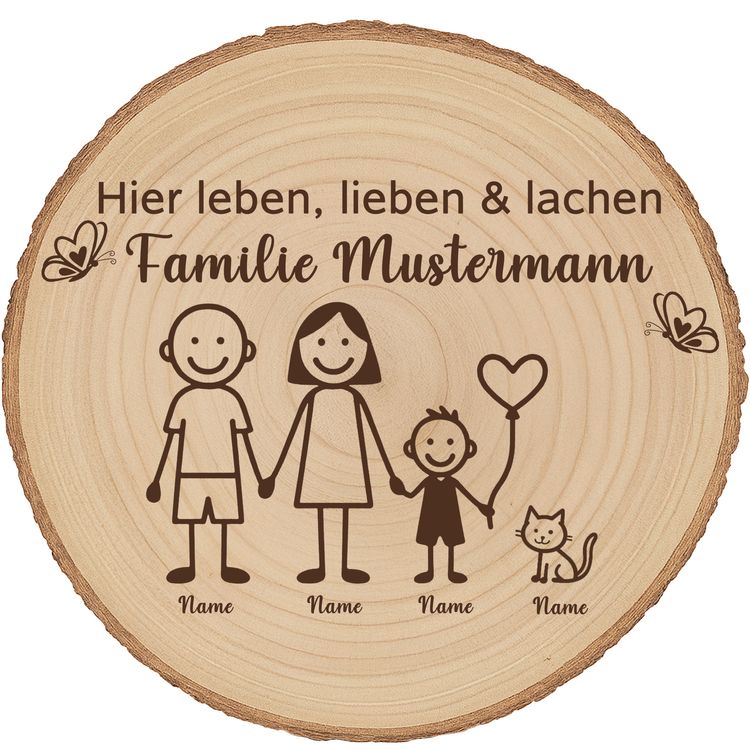 Baumscheibe 30 cm Familie Willkommensschild personalisiert mit 1 Jungen & Katze