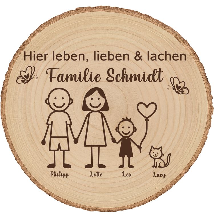 Baumscheibe 30 cm Familie Willkommensschild personalisiert mit 1 Jungen & Katze