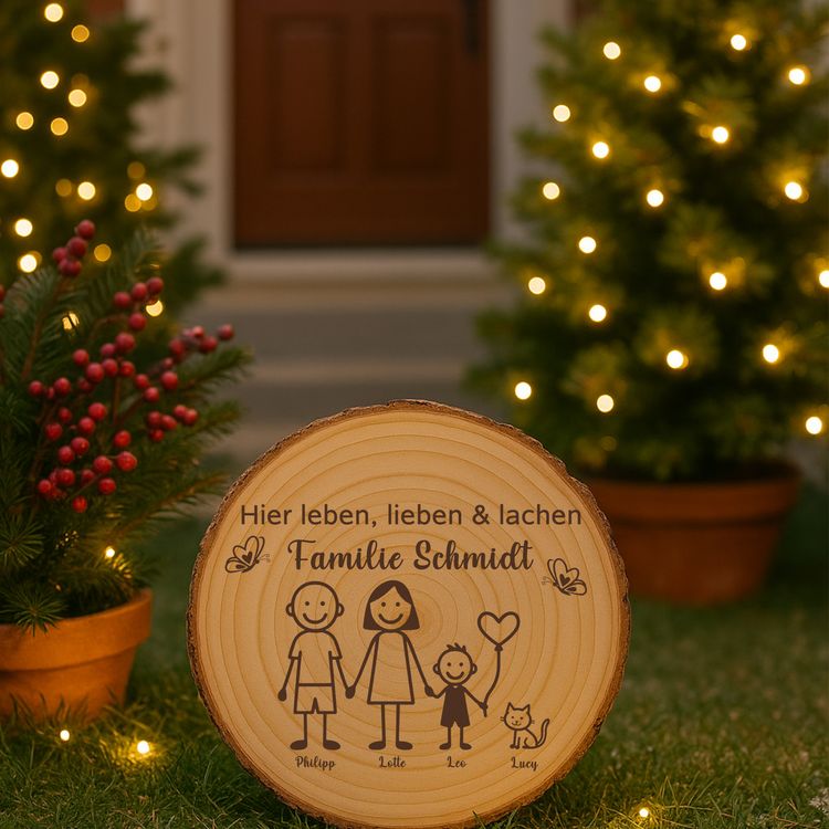 Baumscheibe 30 cm Familie Willkommensschild personalisiert mit 1 Jungen & Katze