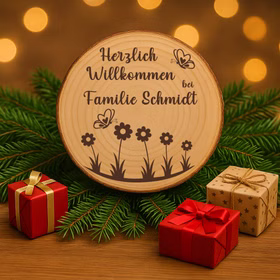 Baumscheibe 30 cm Willkommen personalisiert Willkommensschild mit Blumenmotiv Zuhause Deko & Geschenk Eingangsbereich Geschenk für Familie und Freunde Einzug Herzlich Willkommen Holzscheibe personalisiert Personalisierte Baumscheibe als Weihnachtsdekoration mit Tannenzweigen und Geschenken, warmes Licht im Hintergrund.