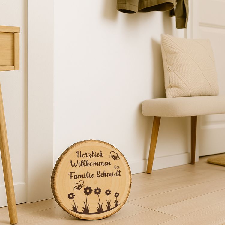 Personalisierte Baumscheibe mit Rinde und Gravur „Herzlich Willkommen bei Familie Schmidt“, dekoriert mit Schmetterlingen und Blumenmotiv, platziert in einem farbenfrohen Sommer-Blumenbeet am Hauseingang.