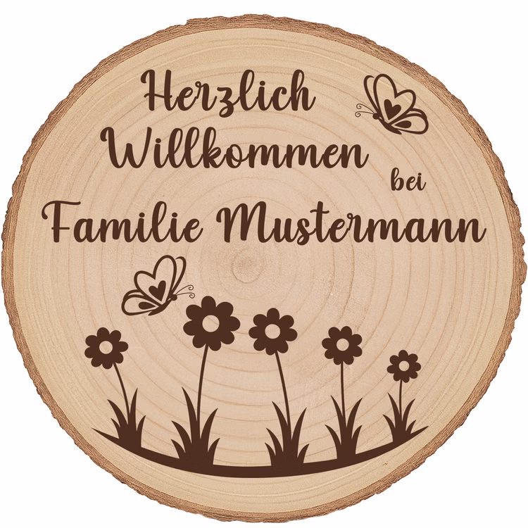 Baumscheibe 30 cm Willkommen personalisiert Willkommensschild mit Blumenmotiv Zuhause Deko & Geschenk Eingangsbereich Geschenk für Familie und Freunde Einzug Herzlich Willkommen Holzscheibe personalisiert Runde Baumscheibe mit natürlicher Rinde und Gravur „Herzlich Willkommen bei Familie Mustermann“, dekorative Blumen und Schmetterlinge, Naturholz mit sichtbarer Maserung.