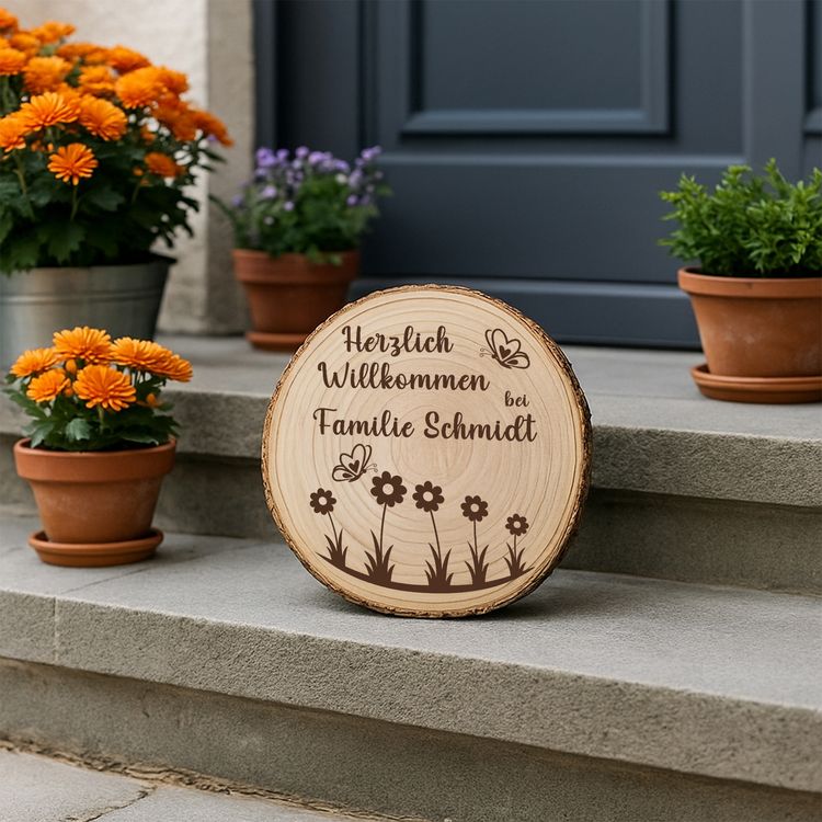 Personalisierte Baumscheibe mit Rinde und Gravur „Herzlich Willkommen bei Familie Schmidt“, dekoriert mit Schmetterlingen und Blumenmotiv, platziert in einem farbenfrohen Sommer-Blumenbeet am Hauseingang.