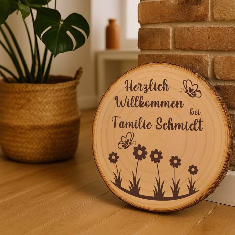 Baumscheibe 30 cm Willkommen personalisiert Willkommensschild mit Blumenmotiv Zuhause Deko & Geschenk Eingangsbereich Geschenk für Familie und Freunde Einzug Herzlich Willkommen Holzscheibe personalisiert Personalisierte Holz-Baumscheibe mit Willkommensgravur als Dekoration im Flur, an eine Backsteinwand gelehnt neben Pflanze im Korb.