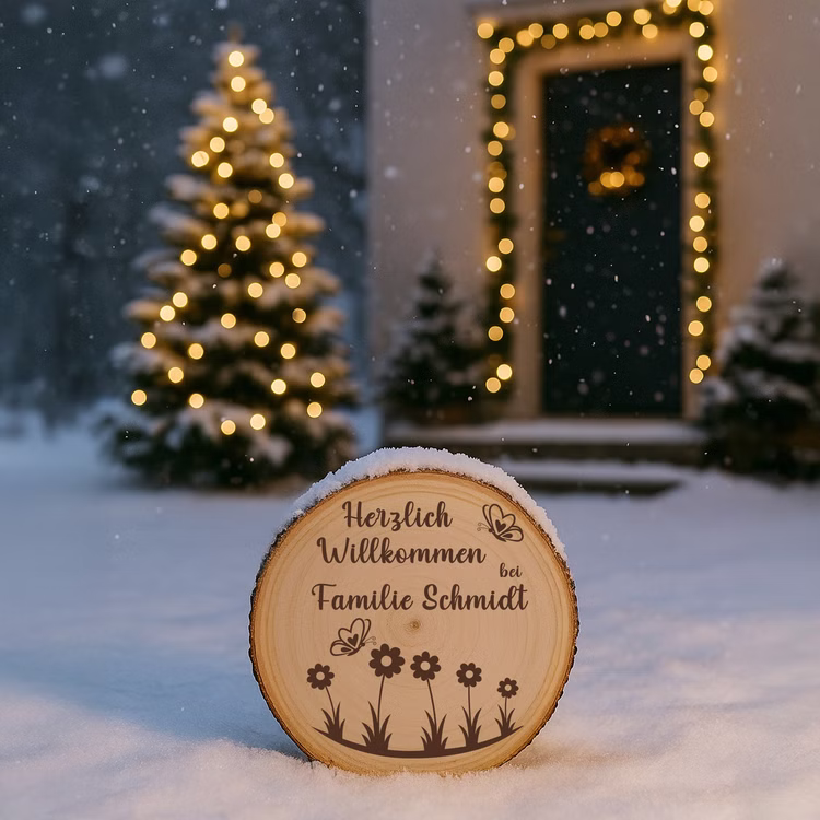 Baumscheibe 30 cm Willkommen personalisiert Willkommensschild mit Blumenmotiv Zuhause Deko & Geschenk Eingangsbereich Geschenk für Familie und Freunde Einzug Herzlich Willkommen Holzscheibe personalisiert Baumscheibe mit Gravur im verschneiten Vorgarten vor beleuchtetem Weihnachtsbaum und geschmückter Haustür.