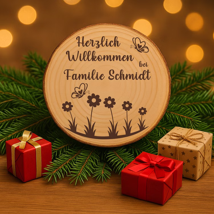 Baumscheibe 30 cm Willkommen personalisiert Willkommensschild mit Blumenmotiv Zuhause Deko & Geschenk Eingangsbereich Geschenk für Familie und Freunde Einzug Herzlich Willkommen Holzscheibe personalisiert Personalisierte Baumscheibe als Weihnachtsdekoration mit Tannenzweigen und Geschenken, warmes Licht im Hintergrund.