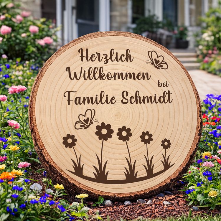 Personalisierte Baumscheibe mit Rinde und Gravur „Herzlich Willkommen bei Familie Schmidt“, dekoriert mit Schmetterlingen und Blumenmotiv, platziert in einem farbenfrohen Sommer-Blumenbeet am Hauseingang.