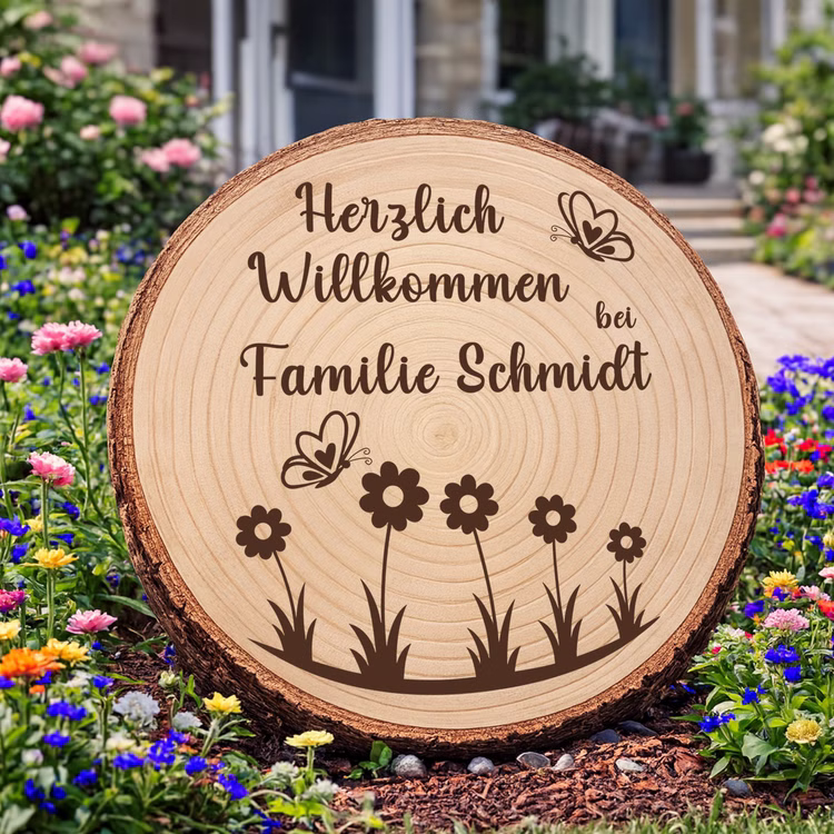 Baumscheibe 30 cm Willkommen personalisiert Willkommensschild mit Blumenmotiv Zuhause Deko & Geschenk Eingangsbereich Geschenk für Familie und Freunde Einzug Herzlich Willkommen Holzscheibe personalisiert Runde Holzscheibe mit natürlicher Maserung und der Aufschrift „Herzlich Willkommen bei Familie Schmidt“, aufgestellt im Vorgarten vor der Haustür zwischen bunten Sommerblumen.