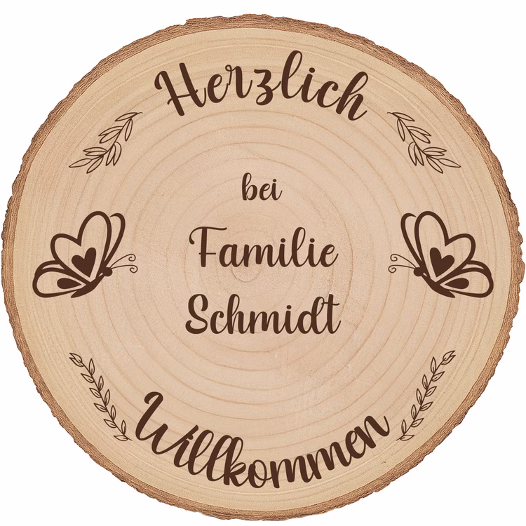 Baumscheibe 30 cm Willkommen personalisiert Motiv mit Schmetterlingen Zuhause Deko & Geschenk Eingangsbereich Geschenk für Familie und Freunde Einzug Herzlich Willkommen Holzscheibe personalisiert Nahaufnahme der Holzmaserung auf einer gravierten Baumscheibe mit Schmetterlingsmotiv und Familiennamen