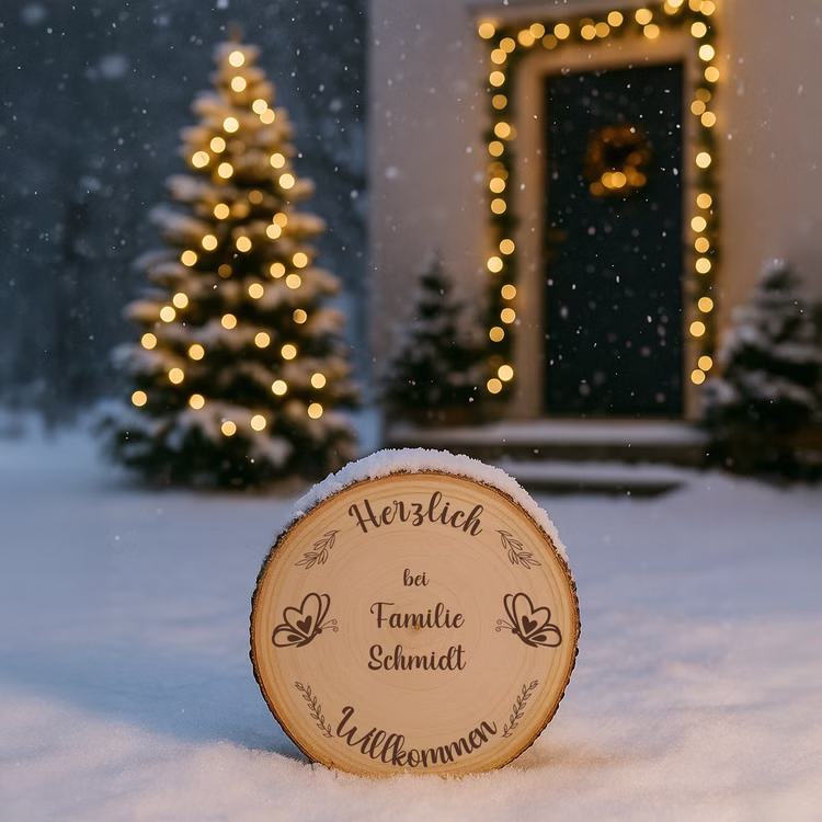 Baumscheibe 30 cm Willkommen personalisiert Motiv mit Schmetterlingen Zuhause Deko & Geschenk Eingangsbereich Geschenk für Familie und Freunde Einzug Herzlich Willkommen Holzscheibe personalisiert Personalisierte Baumscheibe im Schnee vor einem Haus mit beleuchteter Eingangstür und Weihnachtsbaum im Hintergrund