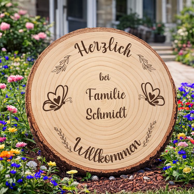 Baumscheibe 30 cm Willkommen personalisiert Motiv mit Schmetterlingen Personalisierte Baumscheibe als Willkommensschild im sommerlichen Blumenbeet vor einem Hauseingang, mit Gravur und Schmetterlingsmotiv.