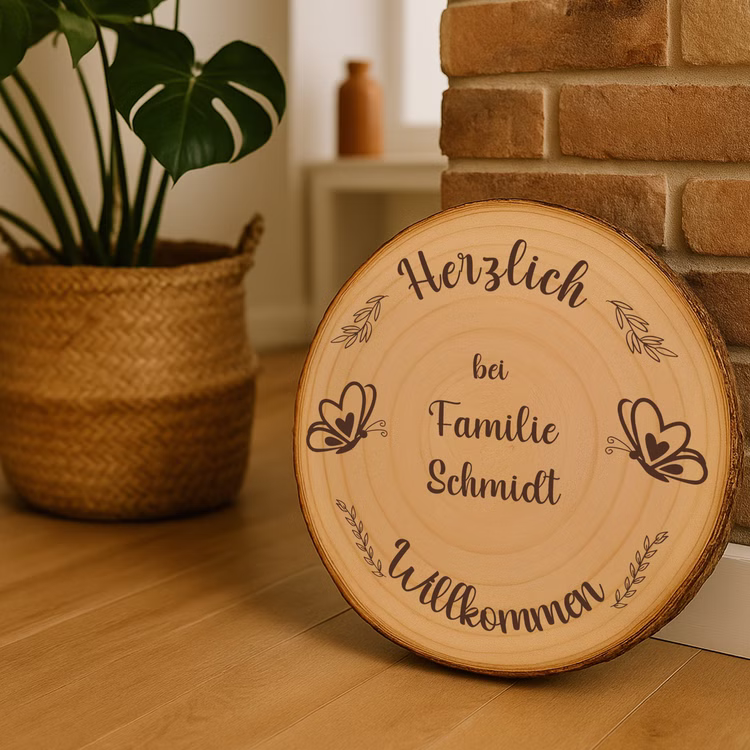 Baumscheibe 30 cm Willkommen personalisiert Motiv mit Schmetterlingen Zuhause Deko & Geschenk Eingangsbereich Geschenk für Familie und Freunde Einzug Herzlich Willkommen Holzscheibe personalisiert Personalisierte Holz-Baumscheibe mit Willkommensgravur als Dekoration im Flur, an eine Backsteinwand gelehnt neben Pflanze im Korb.