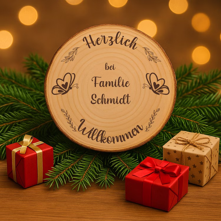 Baumscheibe 30 cm Willkommen personalisiert Motiv mit Schmetterlingen Zuhause Deko & Geschenk Eingangsbereich Geschenk für Familie und Freunde Einzug Herzlich Willkommen Holzscheibe personalisiert Gravierte Baumscheibe als Weihnachtsdekoration auf Tannenzweigen neben Geschenkboxen und Lichterhintergrund
