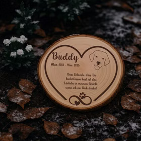 Gedenktafel für Hund auf einer Baumscheibe im winterlichen Garten mit Laub und leichtem Schnee.