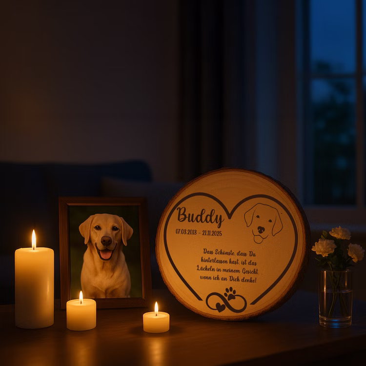 Personalisierte Baumscheibe 30 cm Gedenktafel an deinen Hund mit Gravur Andenken Holzscheibe mit Gravur Erinnerung bester Freund des Menschen Grabscheibe Trauerdekoration Deko Hundegedenktafel aus Holz im Wohnzimmer mit brennenden Kerzen und gerahmtem Foto eines Labradors.
