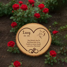 Katzen-Gedenktafel aus Holz in einem Blumenbeet mit roten Rosen im Garten.