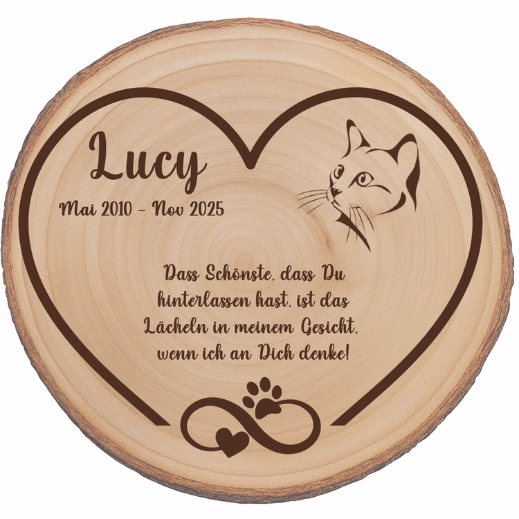 Personalisierte Baumscheibe 30 cm Gedenktafel an deine Katze mit Gravur Andenken Holzscheibe mit Gravur Erinnerung Samtpfote Grabscheibe Kater Trauerdekoration Deko Personalisierte Baumscheibe für Katze mit Gravur „Lucy Mai 2010 – Nov 2025“.