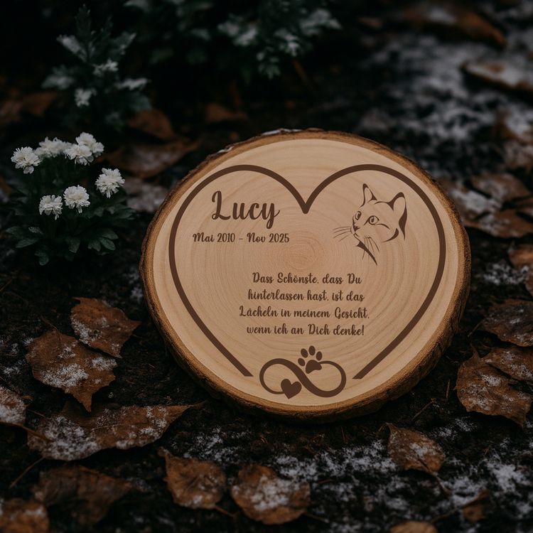 Katzengedenktafel aus Holz im Wohnzimmer mit Kerzen und gerahmtem Foto der Katze.