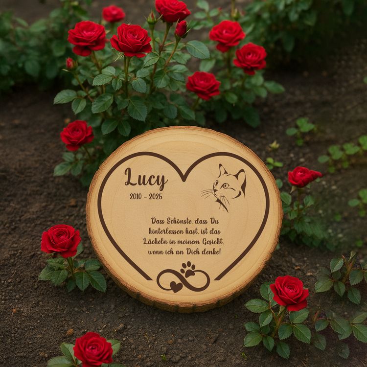 Katzengedenktafel aus Holz im Wohnzimmer mit Kerzen und gerahmtem Foto der Katze.